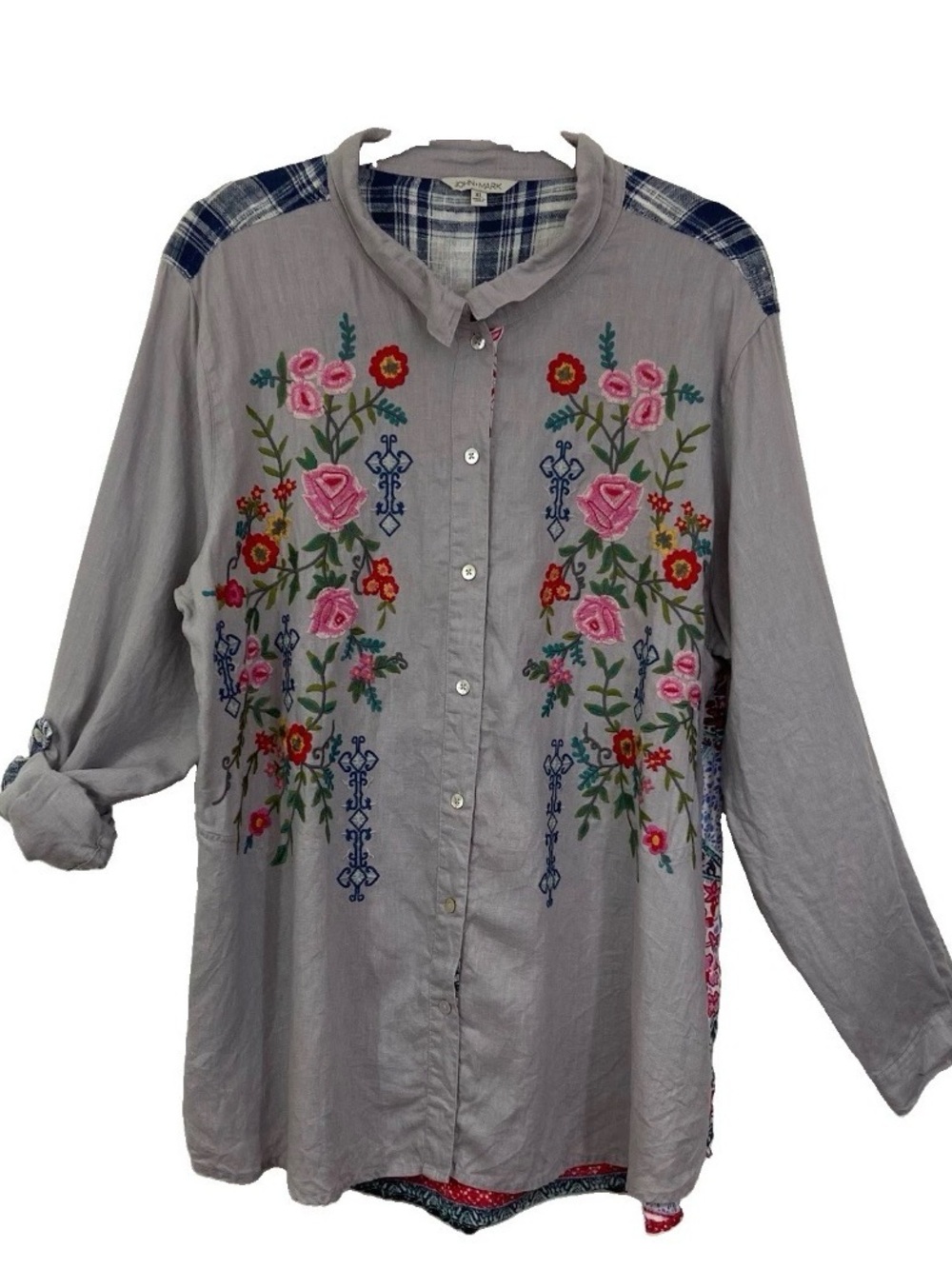 John Mark Patchwork Tunic Blouse XL Boho Festival Embroidered Linen Blend Floral